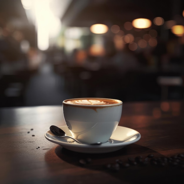 Tasse Kaffee auf dem Tisch mit Restauranthintergrund und schönen Lichtern