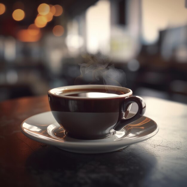 Tasse Kaffee auf dem Tisch mit Restauranthintergrund und schönen Lichtern