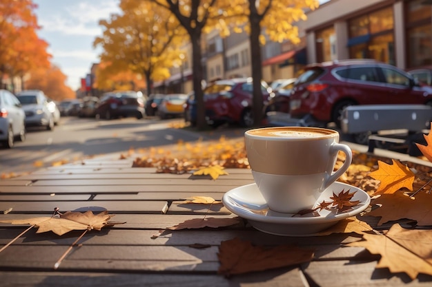 Tasse Kaffee auf einem Cafétisch mit Blick auf die Straße und die Herbstblätter