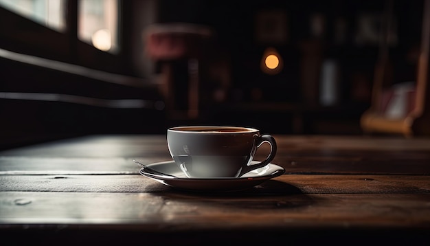 Tasse Kaffee auf einem hölzernen Stehtisch mit sanftem Licht und unscharfem Hintergrund