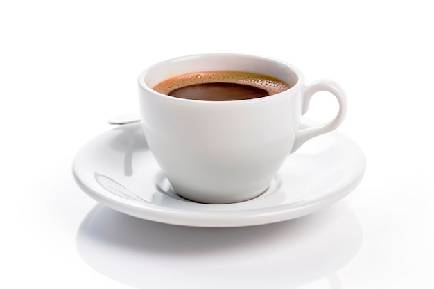 Tasse Kaffee auf einem Teller auf weißem Hintergrund, generiert von KI