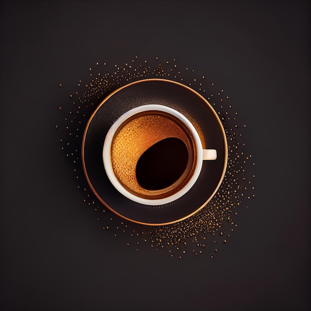 Tasse Kaffee auf Goldschwarzhintergrund-Draufsicht