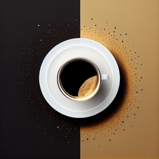 Tasse Kaffee auf Goldschwarzhintergrund-Draufsicht