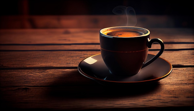 Tasse Kaffee auf Holztisch Generative KI
