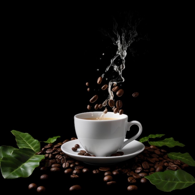 Tasse Kaffee auf schwarzem Hintergrund mit Kaffeebohnen und grünen Blättern