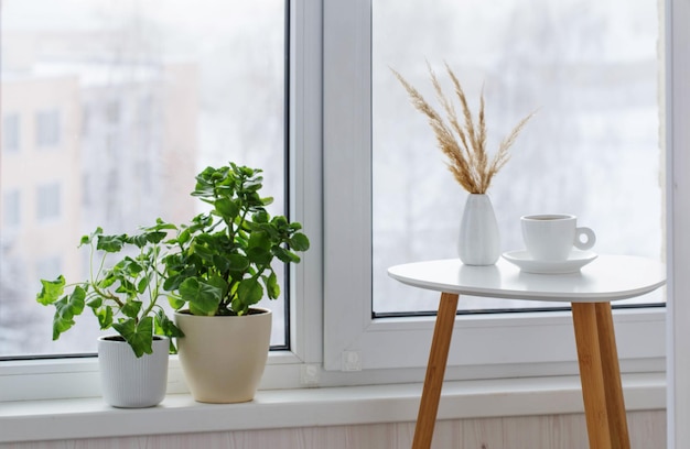 Tasse Kaffee auf weißem Tisch am Fenster im Winter