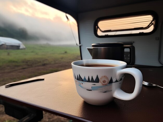 Tasse Kaffee auf Wohnmobiltisch