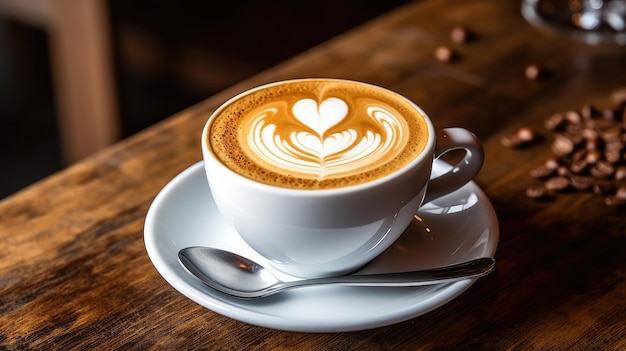 Tasse Kaffee Latte Art auf hölzernem Hintergrund im Vintage-Farbton