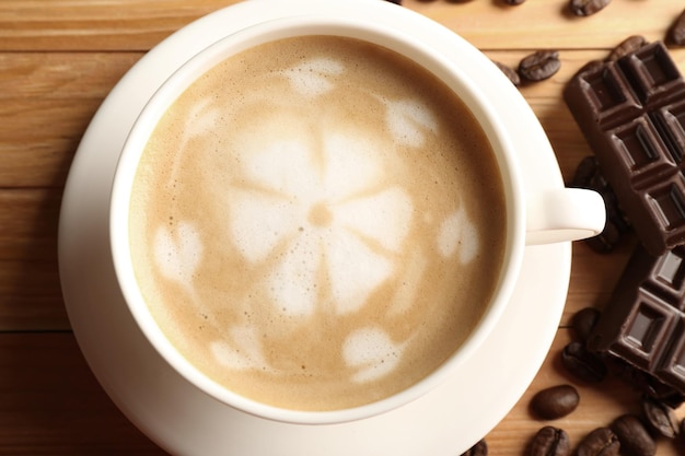 Tasse Kaffee Latte Art mit Körnern und Schokoriegeln auf Holztisch in der Nähe