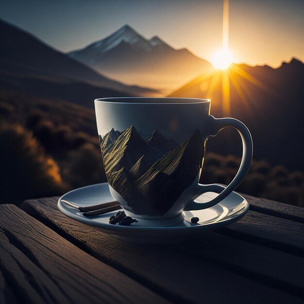 Tasse Kaffee mit Berg mit Sonne im Hintergrund Generative KI