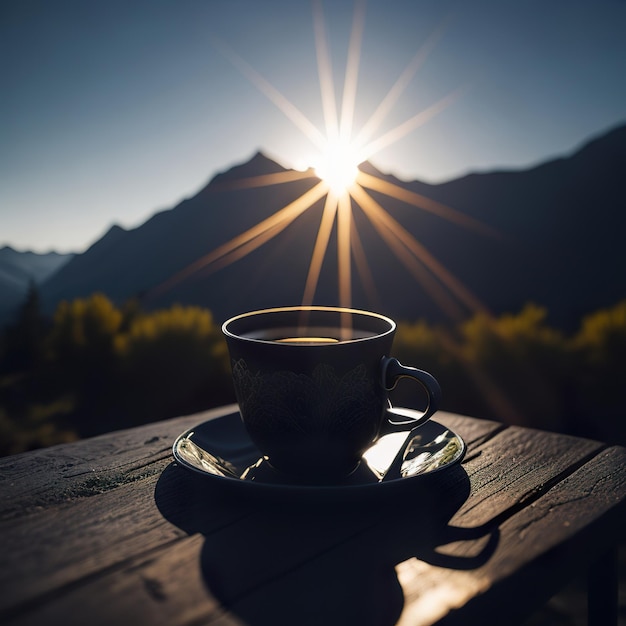 Tasse Kaffee mit Berg und Sonne im Hintergrund