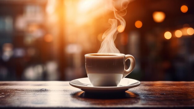 Tasse Kaffee mit Dampf auf der Bartheke vor Coffeeshop