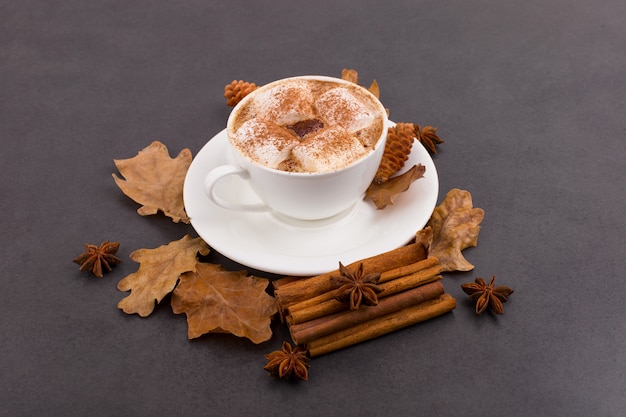 Tasse Kaffee mit Eibischen und Kakao, Blättern, getrockneten Orangen, Zimt und Sternanis, grauer Steinhintergrund. Leckeres heißes Herbstgetränk. copyspace.