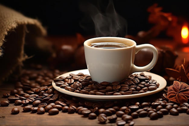 Tasse Kaffee mit einem Haufen Kaffee