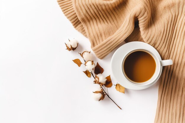 Tasse Kaffee mit getrockneten Blättern und Blumenkopierraum Herbstkomposition AI generiert