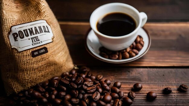 Tasse Kaffee mit Kaffeebohnen auf einem Holztisch auf schwarzem Hintergrund