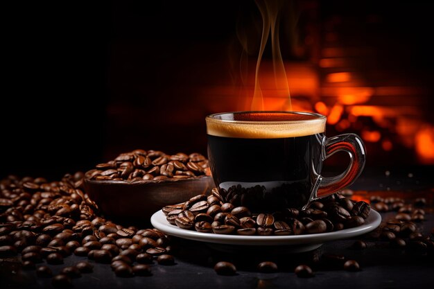 Tasse Kaffee mit Kaffeebohnen in Nahaufnahme dunkler Hintergrund