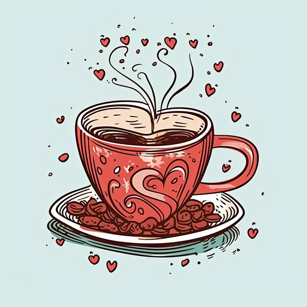 Tasse Kaffee mit Kaffeebohnen und Herzen Kaffee Valentinstag Clipart KI generiert