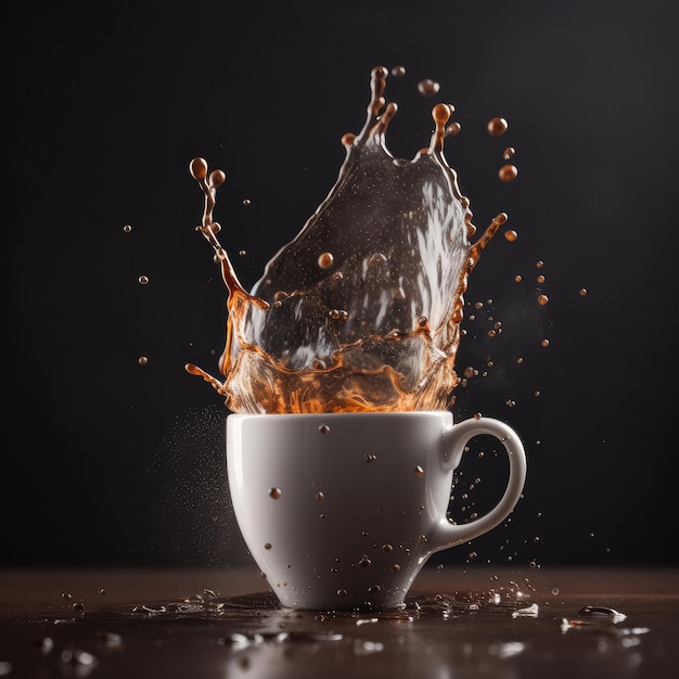 Tasse Kaffee mit Kaffeespritzern und Kaffeebohnen im dunklen Studiohintergrund