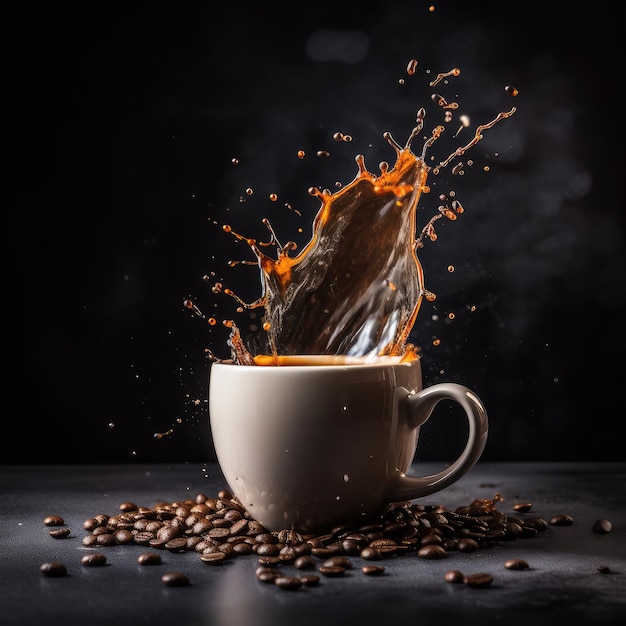 Tasse Kaffee mit Kaffeespritzern und Kaffeebohnen im dunklen Studiohintergrund