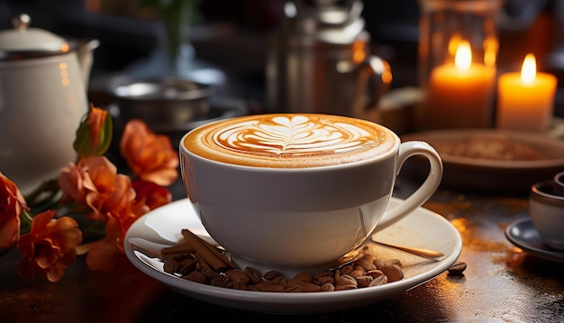 Tasse Kaffee mit Latte Art auf Holztisch im Café