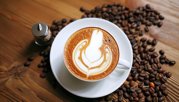 Tasse Kaffee mit Latte Art darauf auf einem Holztisch mit Kaffeebohnendekoration