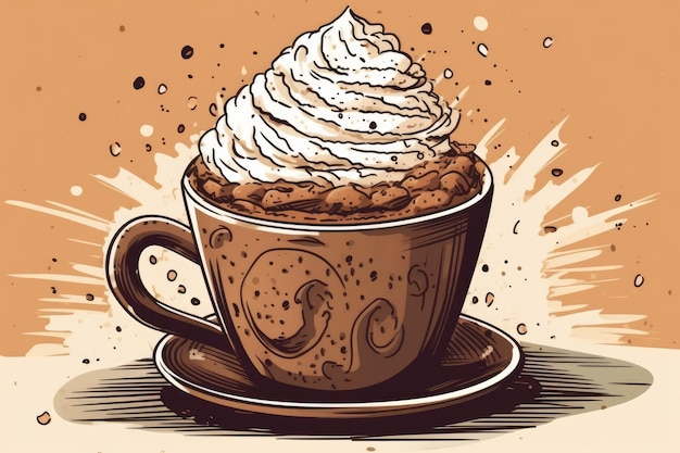 Foto tasse kaffee mit schlagsahne und zimt im cartoon-stil, ki generiert