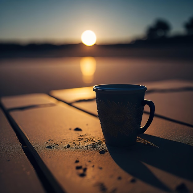 Foto tasse kaffee mit strandsonnenuntergang im hintergrund generative ki