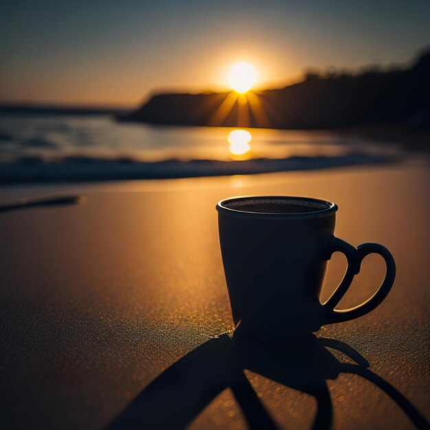 Tasse Kaffee mit Strandsonnenuntergang im Hintergrund Generative KI