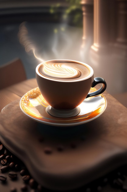 Tasse Kaffee neben gerösteten Bohnen an einem wunderbaren Ort mit einem Hauch Fantasie Generative AI_3