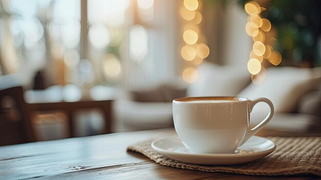 Tasse Kaffee, Tee, Schokolade im gemütlichen Innenraum Banner Hintergrunddesign