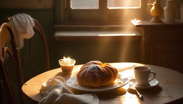 Tasse Kaffee und ein Laib Brot Happy Morning Sunray kommt aus dem Fenster