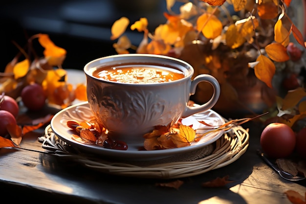 Tasse Kaffee und gelbrote Blätter Herbstkomposition im Tageslicht Kopierraum für Text Generative KI