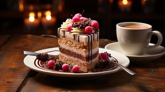 Tasse Kaffee und Herzkunst mit einem Stück Kuchen auf der Seite isoliert auf einem Holztisch