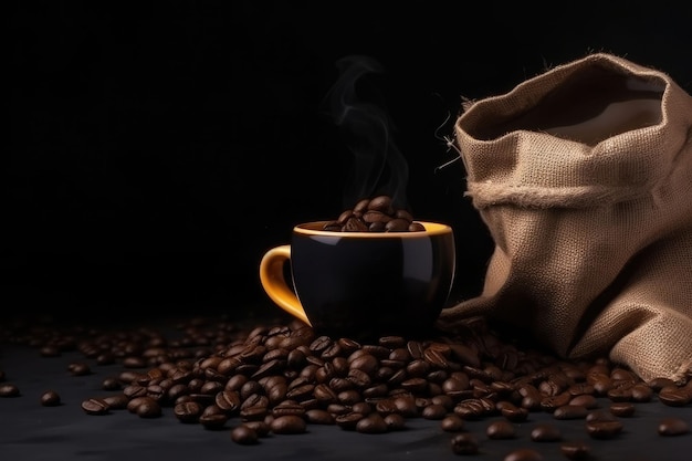 Tasse Kaffee und Kaffeebohnen in einem Sack auf dunklem Hintergrund Generative KI