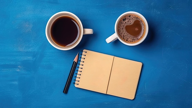 Tasse Kaffee und Notizblock mit Stiftansicht von oben. Generierte KI