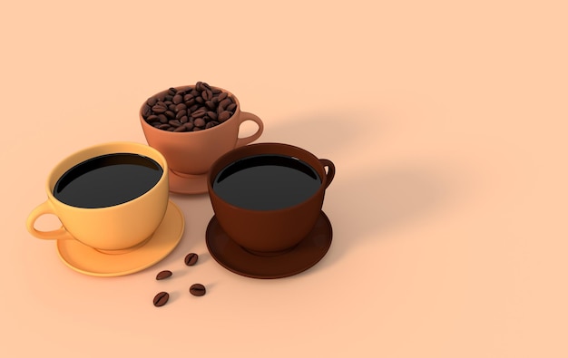 Tasse Kaffee und realistische Kaffeebohnen 3D-Rendering-Hintergrund Massen von Kaffeebohnen hautnah