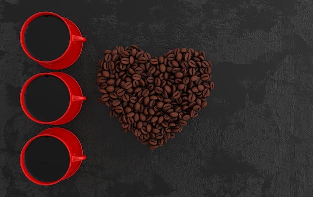Tasse Kaffee und realistisches Kaffeebohnenherz flach 3D-Rendering-Hintergrund