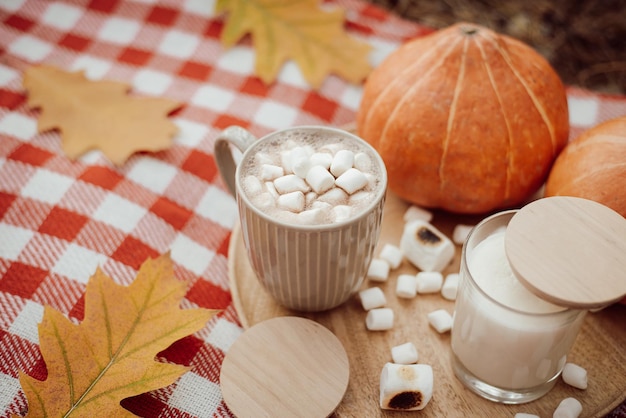 Tasse Kakao mit Marshmallow auf Holztisch einige Kürbisse aromatische Kerzen herum Schöne Herbstkomposition