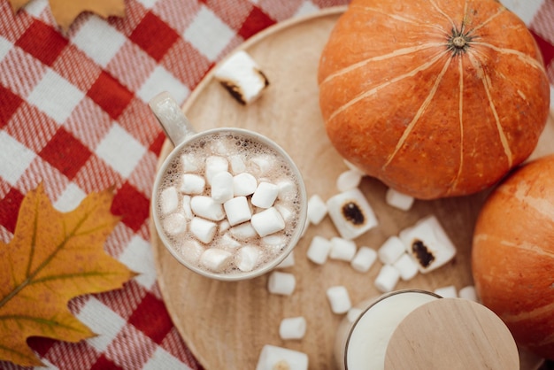 Tasse Kakao mit Marshmallow auf Orangenkürbissen Aromakerze helle Blätter herum