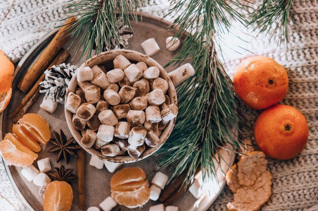 Tasse mit heißem Winterkakao und Marshmallows Mandarinen Fichtenzweig auf dem Bett Weihnachtsbeleuchtung Kiefern...