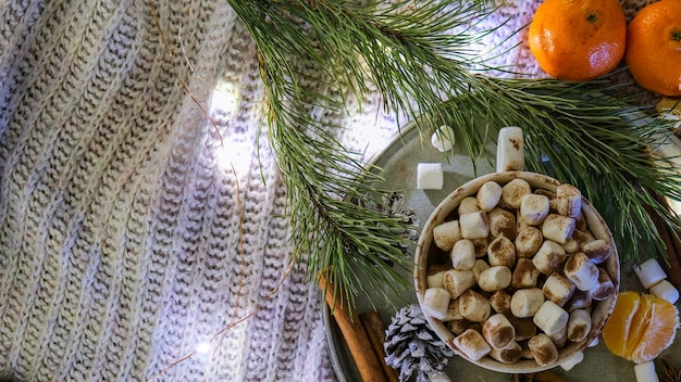 Tasse mit heißem Winterkakao und Marshmallows Mandarinen Fichtenzweig auf dem Bett Weihnachtsbeleuchtung Kiefern...