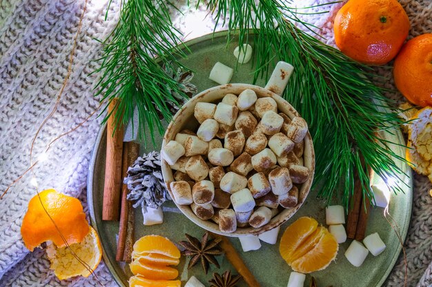 Tasse mit heißem Winterkakao und Marshmallows Mandarinen Fichtenzweig auf dem Bett Weihnachtsbeleuchtung Kiefern...