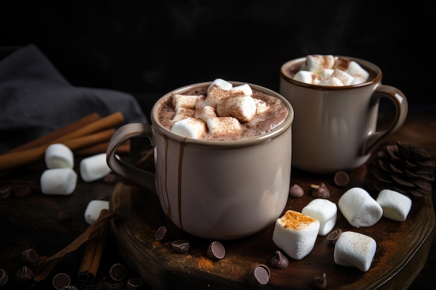 Tasse mit heißer Schokolade und Kakao, garniert mit Marshmallows und Zimt