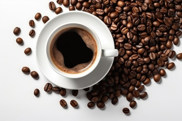 Tasse mit Kaffee auf weißem Hintergrund, Draufsicht, generative KI