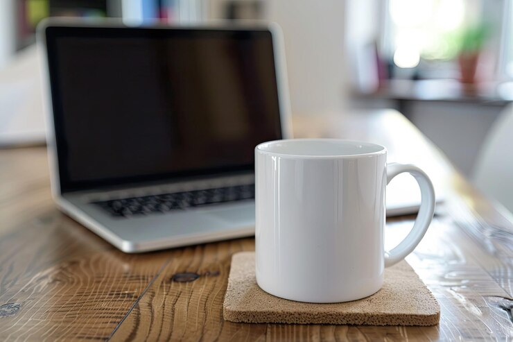 Foto tasse ou mug blanc pos sur un bureau cot dun computer tragbare
