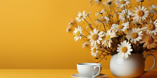 Tasse schmackhafter Kamillentee auf gelbem Hintergrund mit Platz für Text