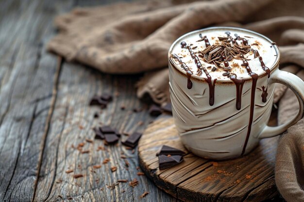 Tasse Schokolade mit Tropfen auf Holztisch