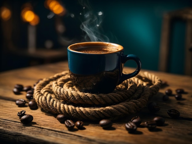 Tasse schwarzen Kaffee in Tasse auf Holztisch neben Kaffeebohnen und Seil