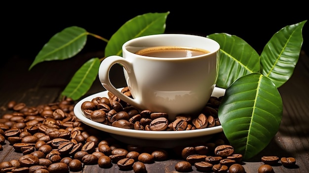 Tasse schwarzen Kaffee mit Bohnen und grünen Blättern